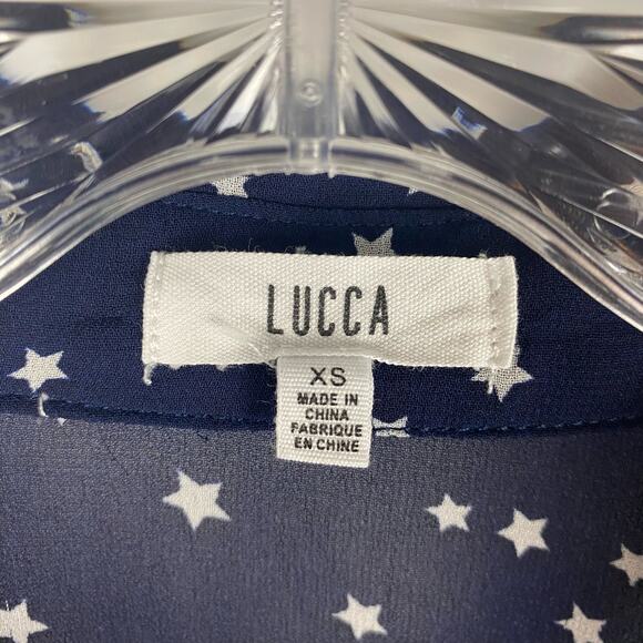 Lucca Star Sheer Cropped Blouse Button Front Navy Blue Back Tie Womens Size XS - Picture 6 of 11
